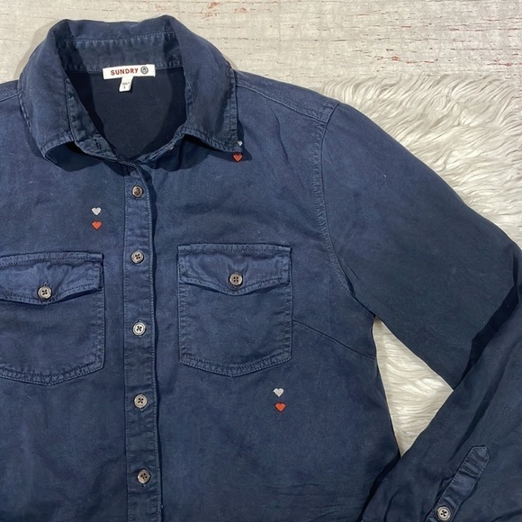 Sundry Hearts Embroidered Button Down Shirt in Sunfaded Navy - Picture 6 of 10